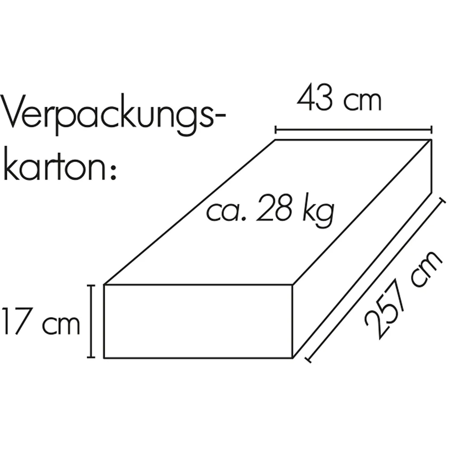 Verpackungsmaße für Schneider Ampelschirm Rhodos: 257x43x17 cm, ca. 28 kg.