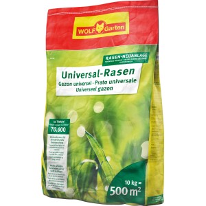 Verpackung Wolf-Garten Universalrasen, 10 kg Rasensamen für ca. 500 m² Fläche.