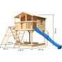 Karibu Stelzenhaus Benjamin mit Doppelschaukel, Klettergerüst und blauer Rutsche, Ansicht mit Maßen.