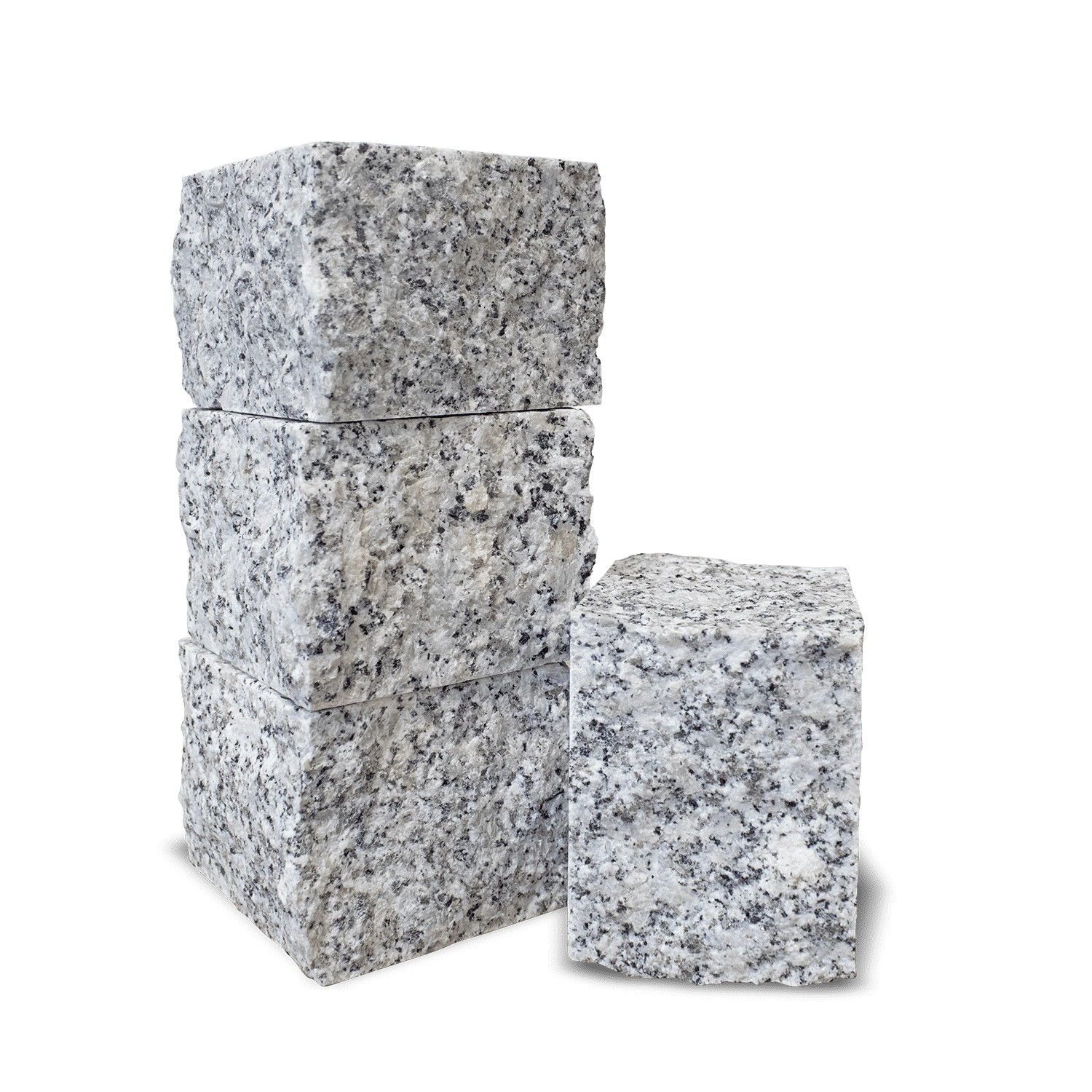 Graue Granitpflastersteine, gesägt, gespalten und geflammt, gestapelt.