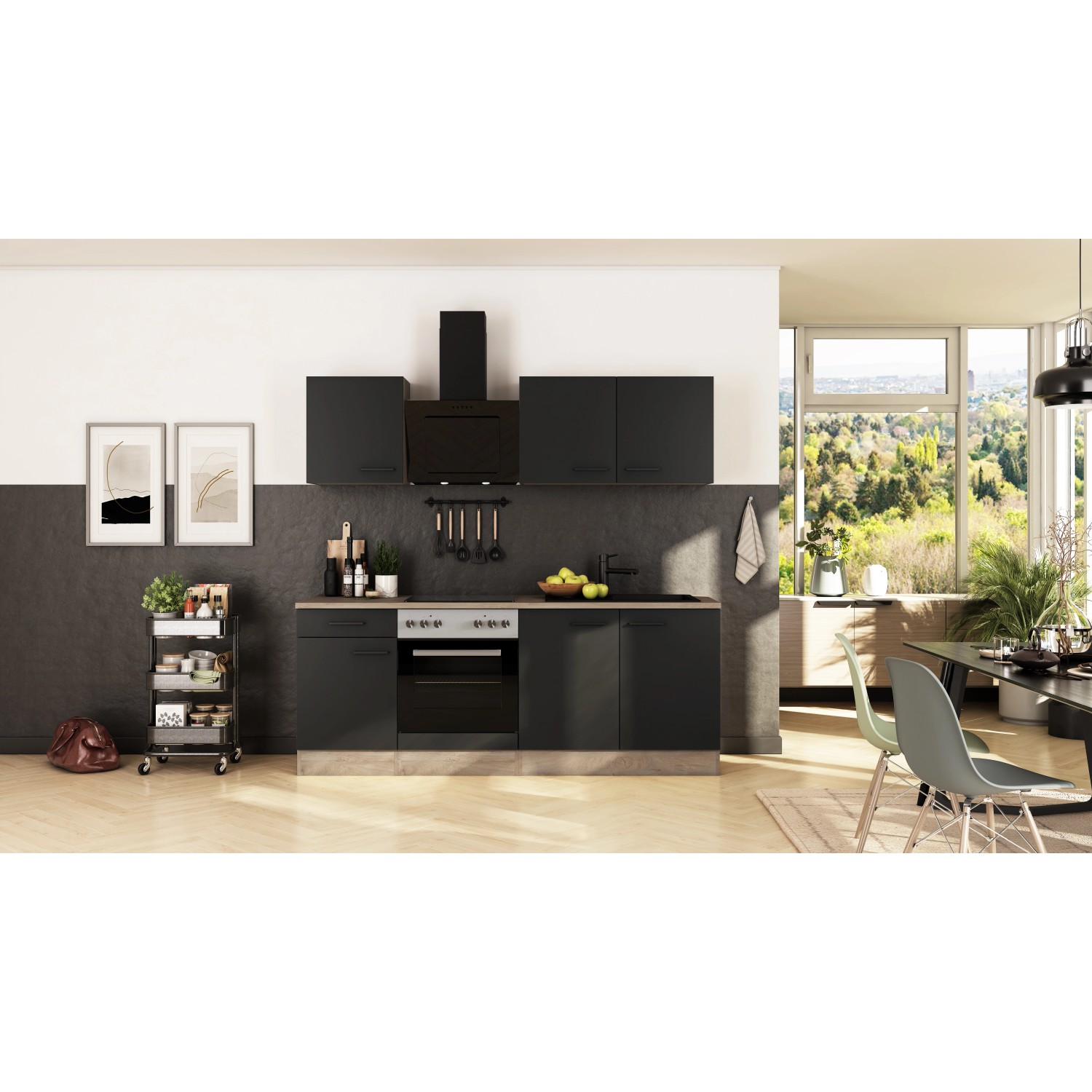 Flex-Well Exclusiv Küche 1601-005sWs Capri 210 cm Schwarz Matt-Endgrain Oak_4