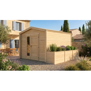 Holz-Gartenhaus GH Killarney HB 300Nat mit integriertem Hochbeet aus naturbelassenem Fichtenholz.