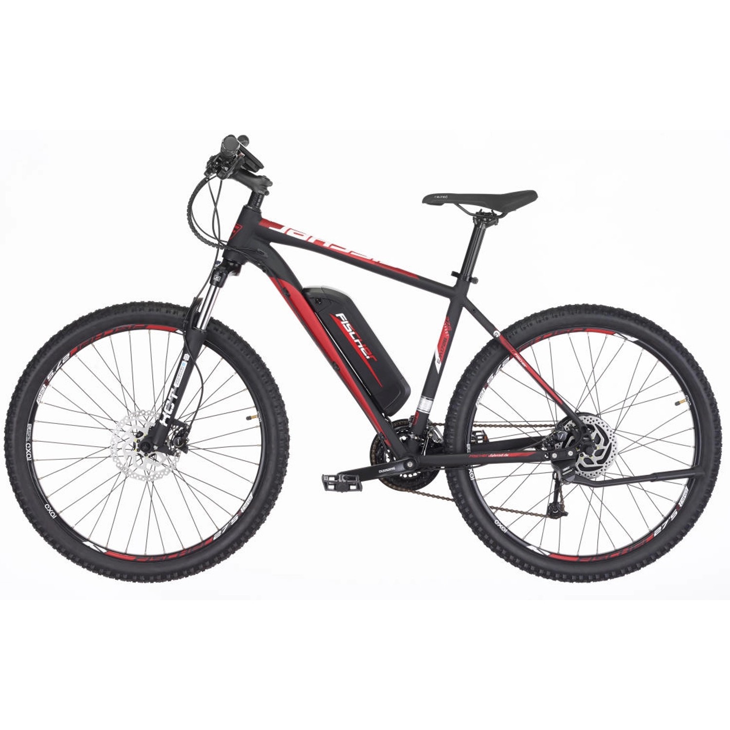 Schwarzes Fischer E-Bike Mountainbike 27,5 EM 1726.1 mit roter Akku-Halterung.