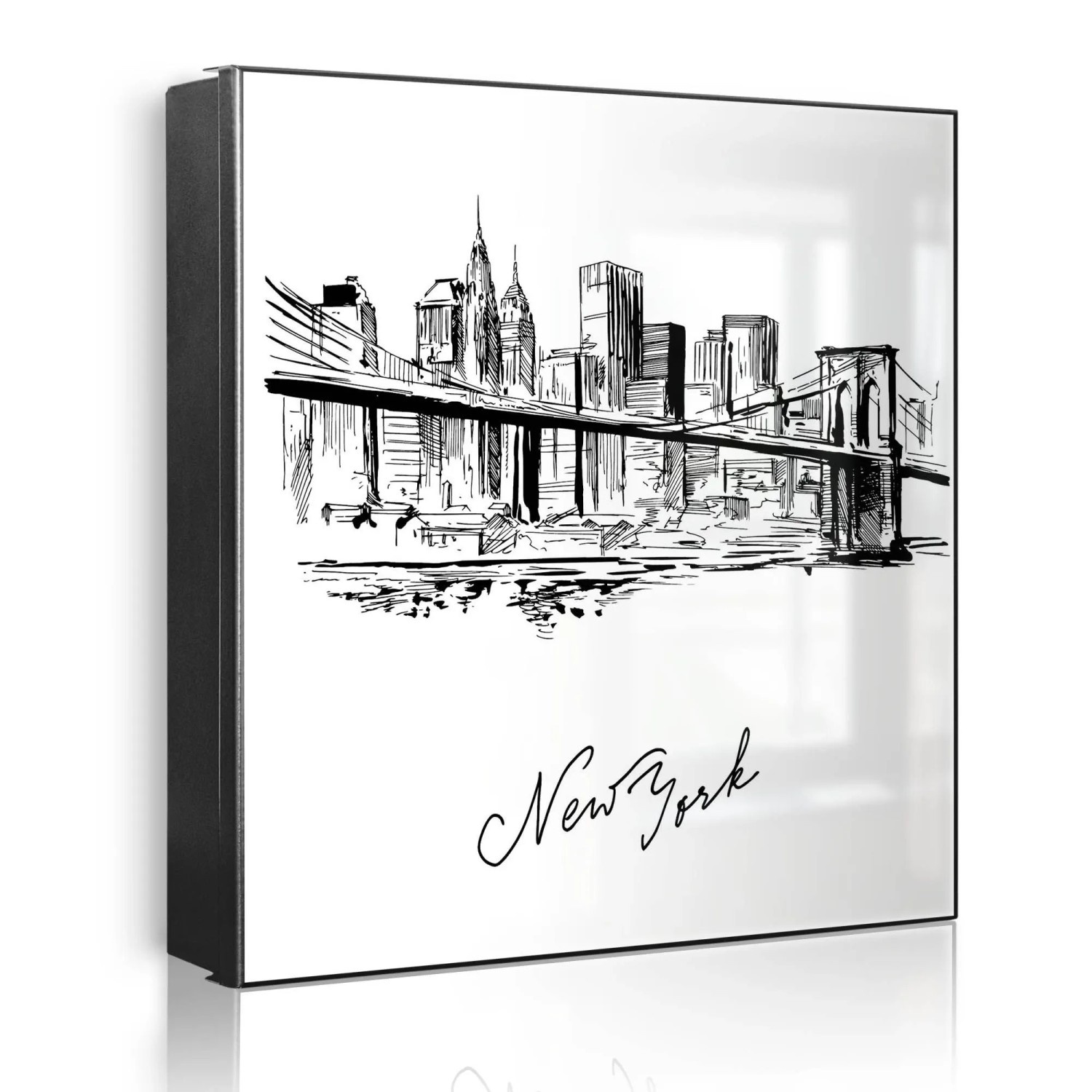 Banjado Großer Schlüsselkasten Metall 30x30cm Schwarz Scharnier Links 50 Haken Beschreibbar Magnetisch Motiv New York Skizze