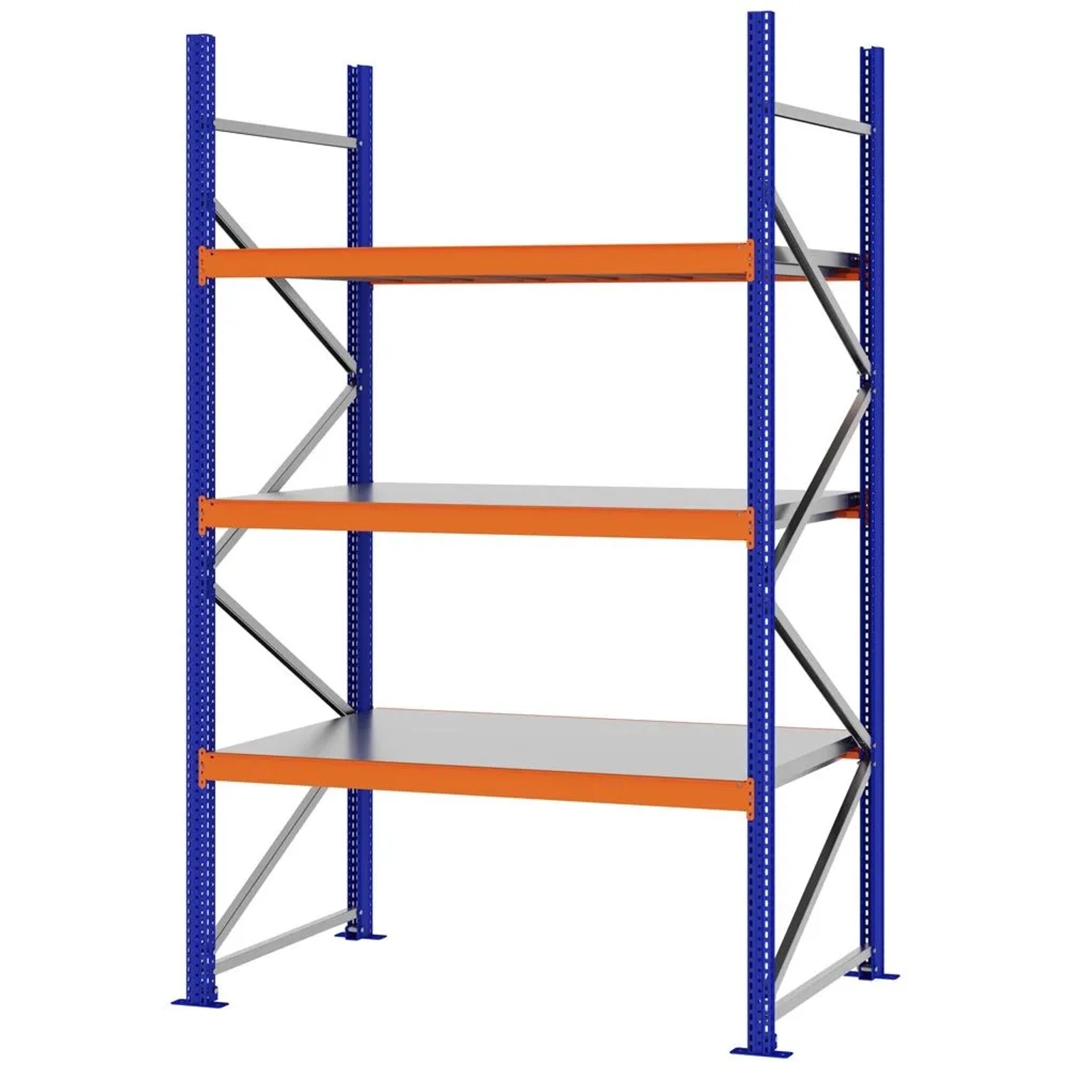 PROREGAL Weitspannregal Schraub-Stecksystem MAGNUS PRO Made In Germany Grundregal 250x150x80cm 3 Ebenen Stahlböden Fachlast 750kg Blau/Orange