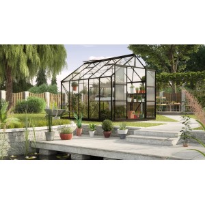 Vitavia Gewächshaus Uranus 8300 ESG 3 mm Schwarz im Garten mit Pflanzen.