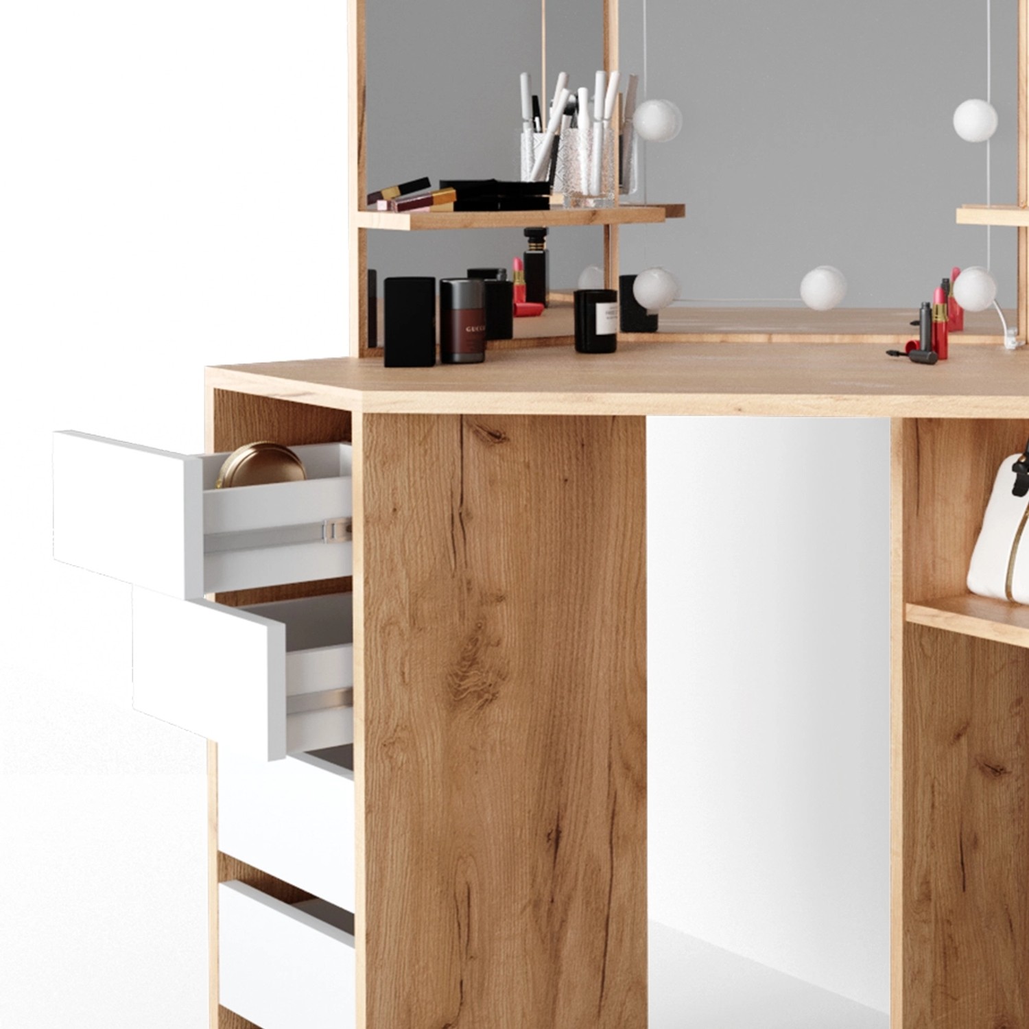 Vicco Eckschminktisch Arielle in Goldkraft Eiche mit LED, Hocker und Schubladen.