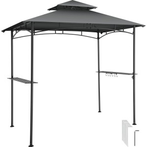 Anthrazitfarbener Tectake Grillpavillon Maracaibo mit Doppeldach, Ablagen und Flaschenöffner.