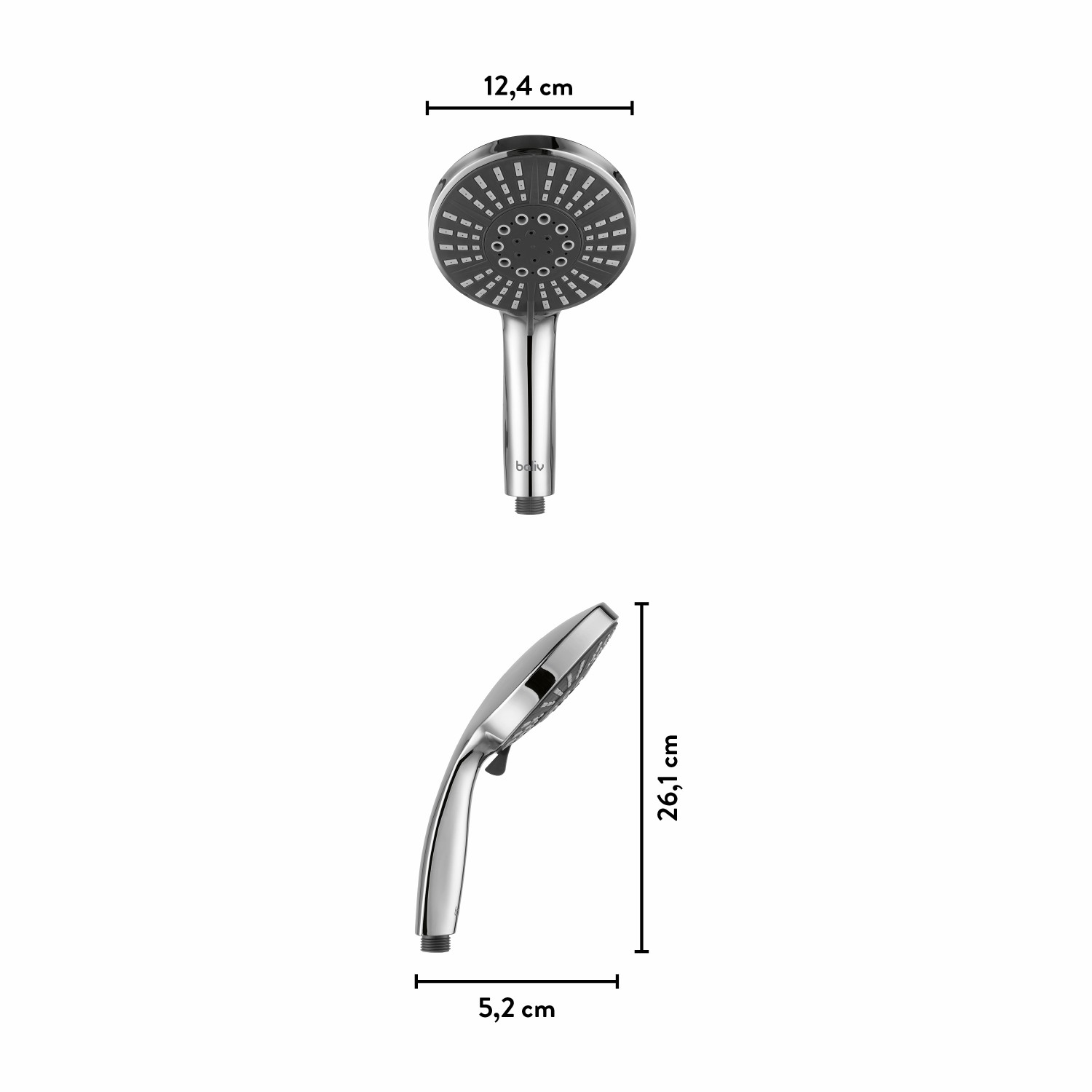 baliv Handbrause HBR-120.50, verchromt, mit Maßangaben. 5 Strahlarten, Antikalk-Noppen.