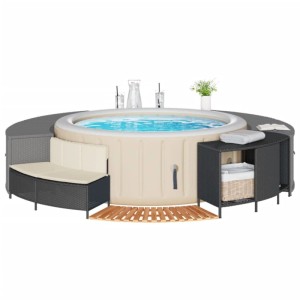 vidaXL Whirlpool-Umrandung aus Rattan und Akazie, schwarz. Inkl. Bank, Regal und Stufe.