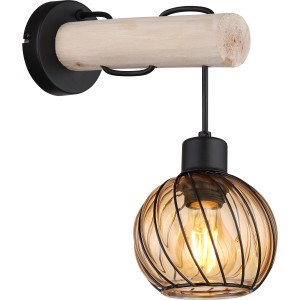 Moderne Globo Wandlampe Paulo, 1-flammig, schwarz matt mit Holz und amberfarbenem Glas.