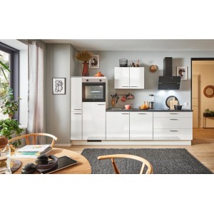 Moderne pino Küchenzeile, 290 cm, in Weiß Hochglanz mit Geräten und Seitenschrank.
