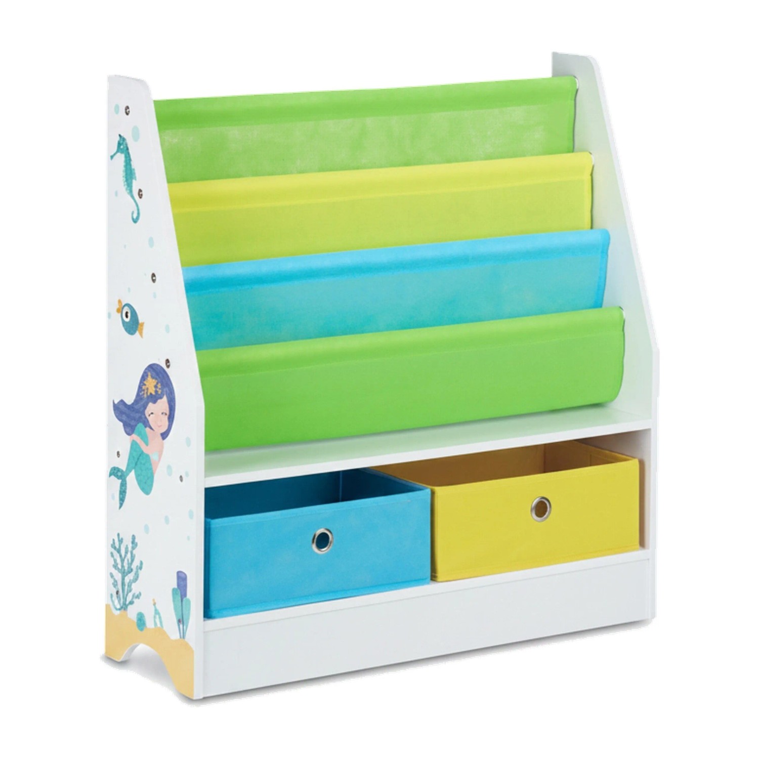 Relaxdays Kinderregal Spanplatte Stoff Metall Mehrfarbig mit 2 Boxen und 3 Hängefächern 74 cm x 71 cm x 23 cm