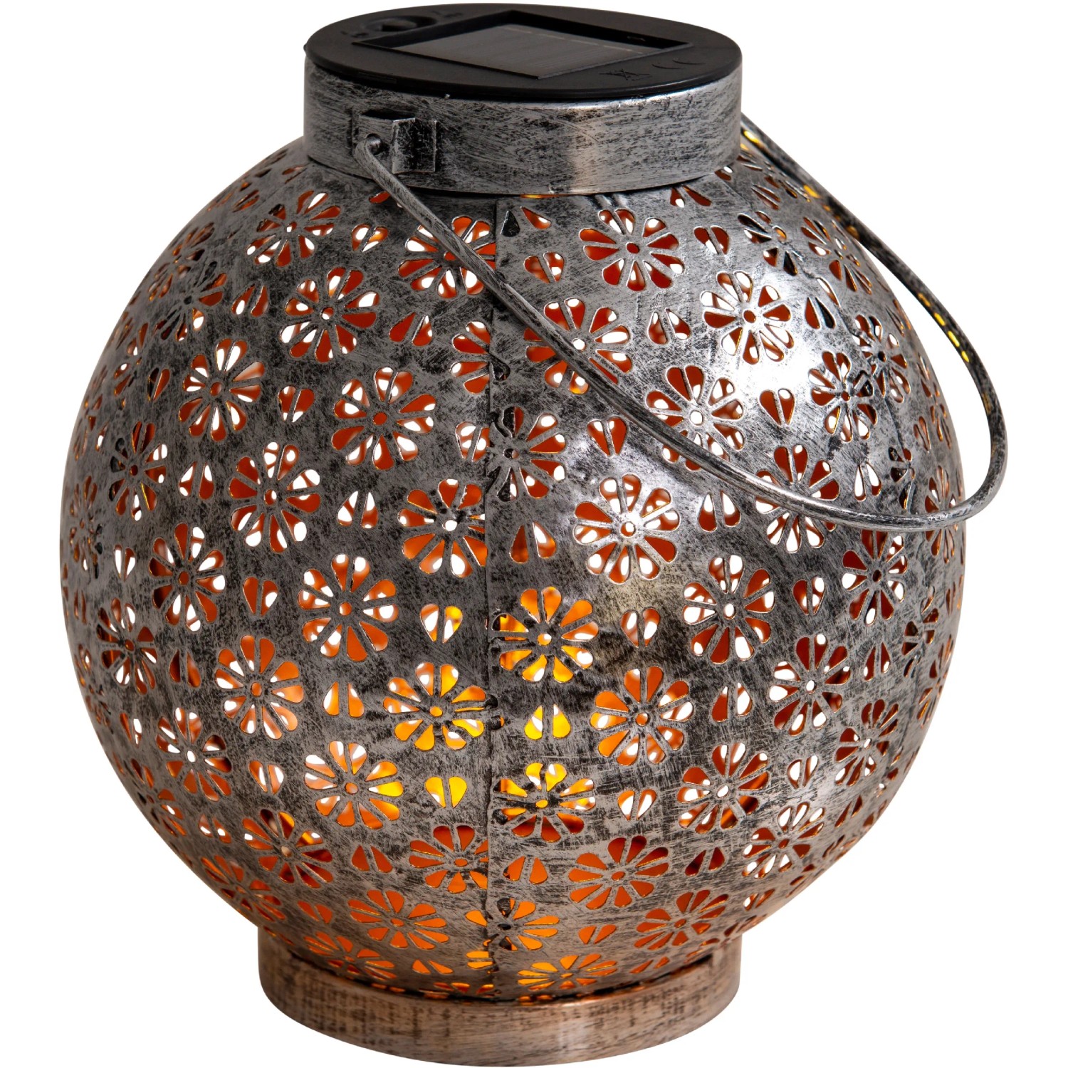 2er-Set silberne Näve LED-Solarleuchten, 18 cm, mit Blumenmuster für Garten & Tisch.