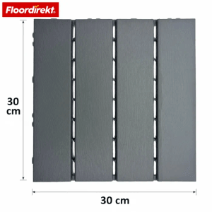 Graue Floordirekt Klickfliese Elyse, 30x30 cm, Holzstruktur. Robuste Terrassenplatte für Balkon & Garten.