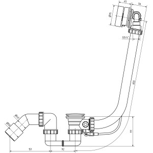 Ab- und Überlaufgarnitur für Badewanne mit Wassereinlauf, Chrom, Schemazeichnung mit Maßen.