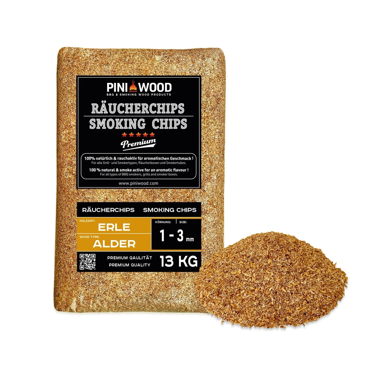 PINI Räucherchips 13 kg Erle ohne Rinde 1-3 mm Smoking Chips Räucherspäne