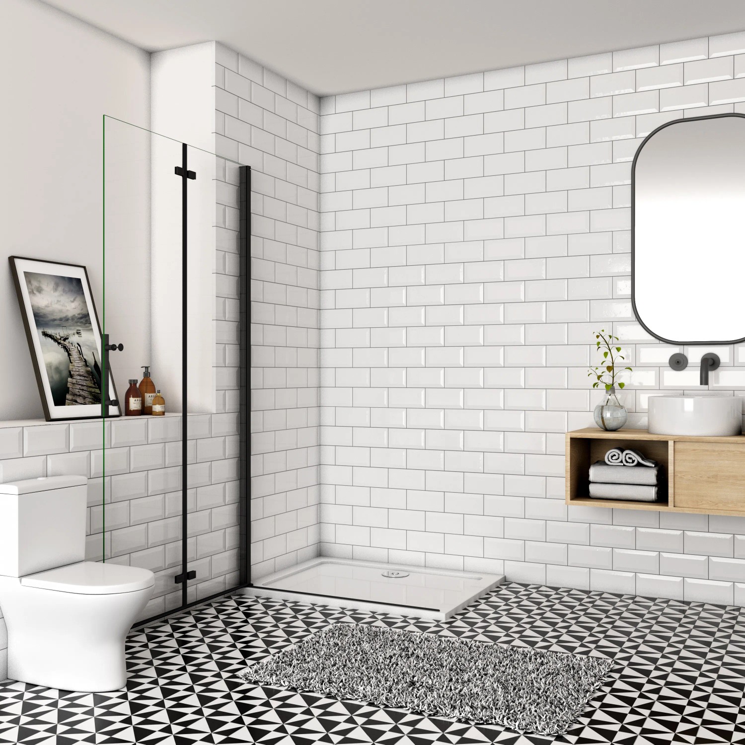 AICA Walk-In Duschabtrennung mit schwarzem Rahmen und Falttür in modernem Bad. 6mm ESG Glas, platzsparend.