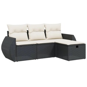Schwarze 4-tlg. Garten-Sofagarnitur aus Polyrattan mit cremeweißen Kissen.