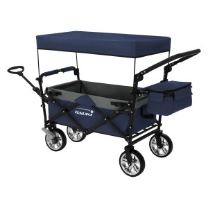 Hauki Bollerwagen XXL, faltbar, blau-grau, mit Dach und Tasche. Camping Handwagen klappbar.