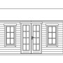 Illustration: Skan Holz Gartenhaus Lugano 1 DS, 420x300 cm, unbehandeltes Holz, mit Doppeltür und Fenstern.