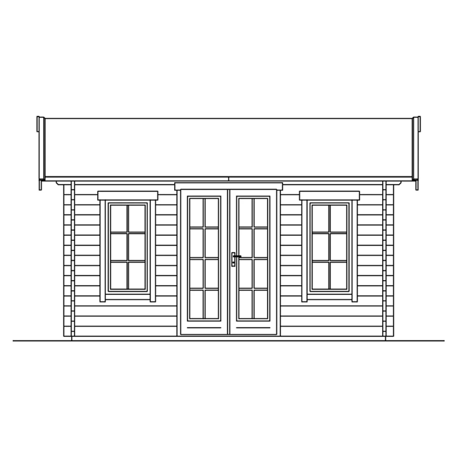 Illustration: Skan Holz Gartenhaus Lugano 1 DS, 420x300 cm, unbehandeltes Holz, mit Doppeltür und Fenstern.