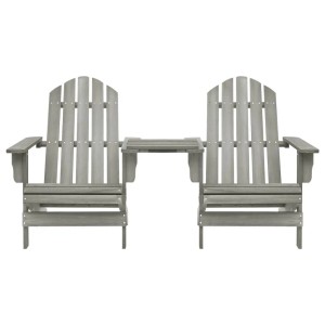 Graue Adirondack-Gartenstühle aus Massivholz mit integriertem Tisch. Robustes Gartenmöbel-Set für Terrasse & Garten.