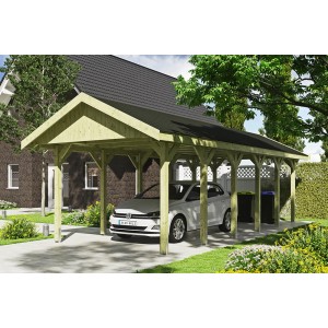 Satteldach-Carport Wallgau mit schwarzen Schindeln, Holzkonstruktion mit Auto. Carport für 1 Auto.