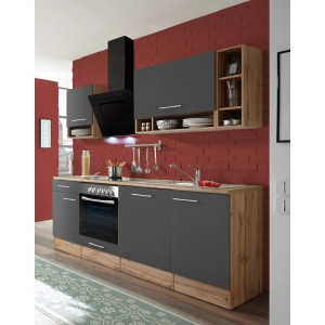 Respekta Küchenzeile 220 cm, grau-Wildeiche Nachbildung, mit E-Geräten für Einbauküchen.