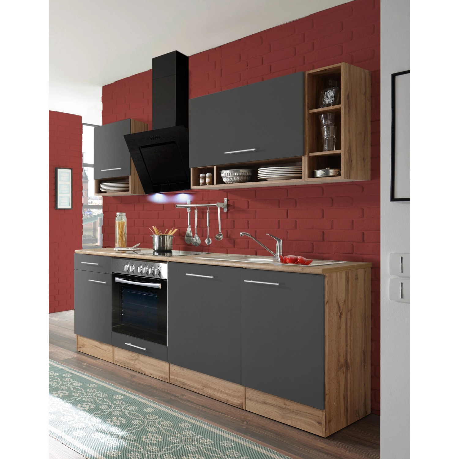 Respekta Küchenzeile 220 cm, grau-Wildeiche Nachbildung, mit E-Geräten für Einbauküchen.