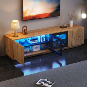 TV Schrank 180cm in Naturholz/Schwarz mit LED-beleuchteten Glasfächern. Modernes Wohnzimmer TV-Möbel mit viel Stauraum.