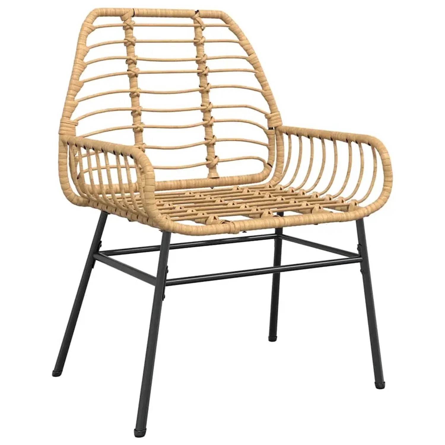 Gartenstuhl aus Poly Rattan mit Armlehnen und schwarzem Stahlgestell.