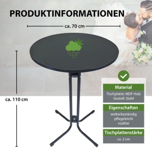 Anthrazitfarbener TRUTZHOLM Stehtisch, klappbar, mit Stahlgestell und runder MDF-Tischplatte (70 cm Durchmesser).