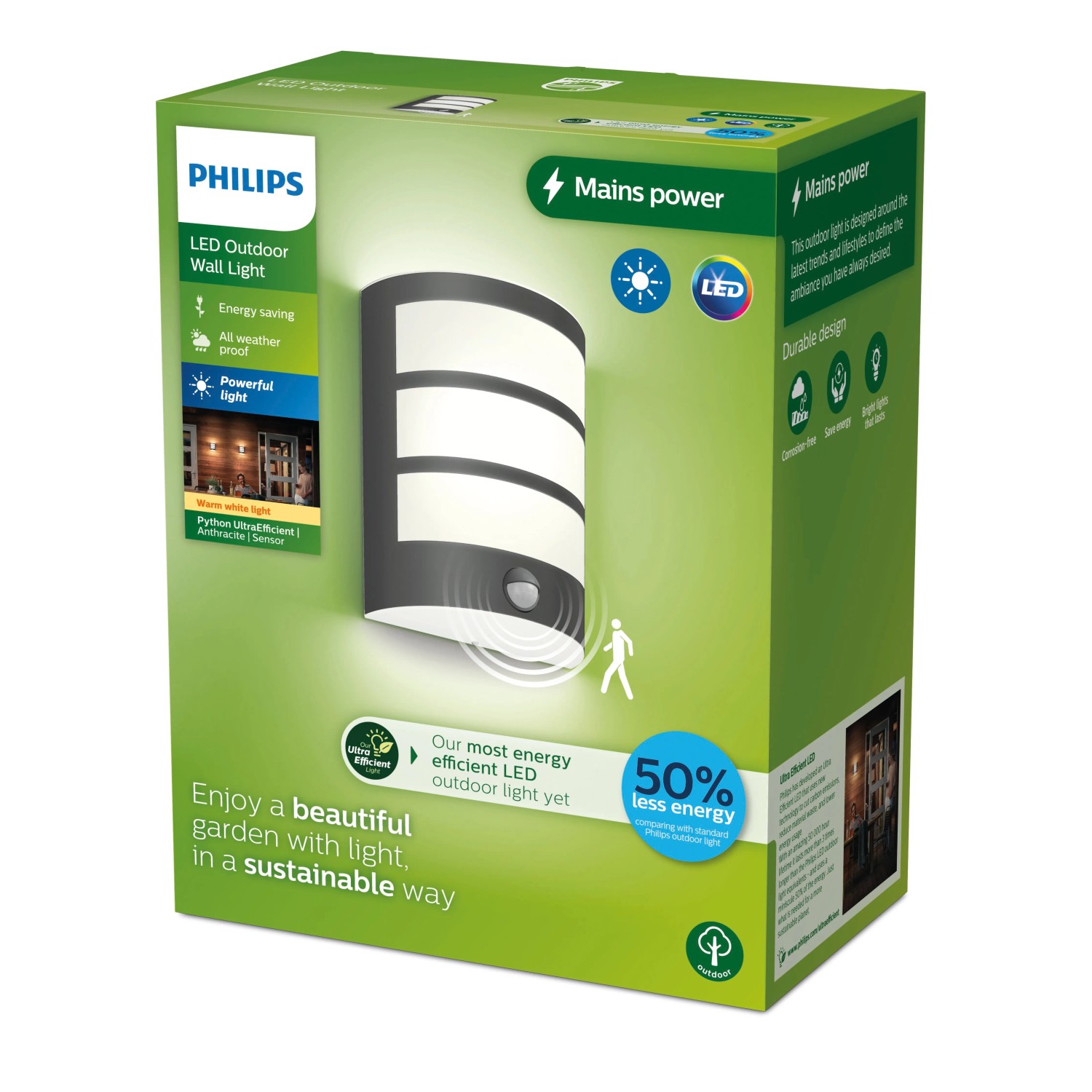 Verpackung der Philips Python LED Aussenwandleuchte mit Bewegungssensor, 3,8W, 2700K.