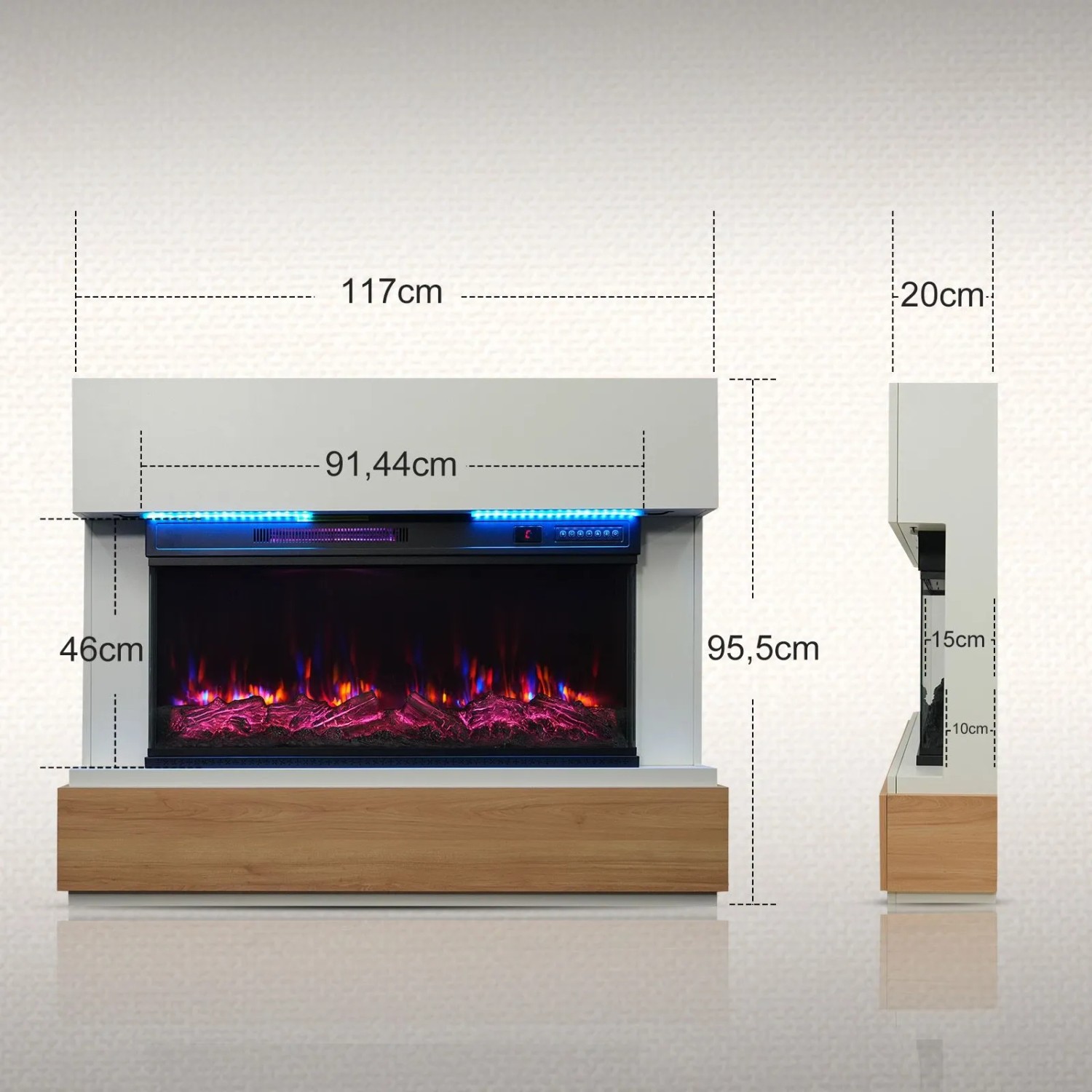 HOMAVO Elektrokamin mit Schrank, 36 Zoll, 1000/2000W, weiße Umrandung, Holzsockel, Maße eingeblendet.