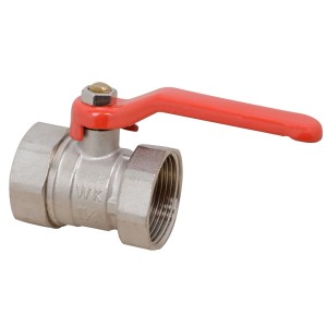 Kirchhoff Kugelhahn aus Messing, 1 1/4 IG, vernickelt, mit rotem Griff.