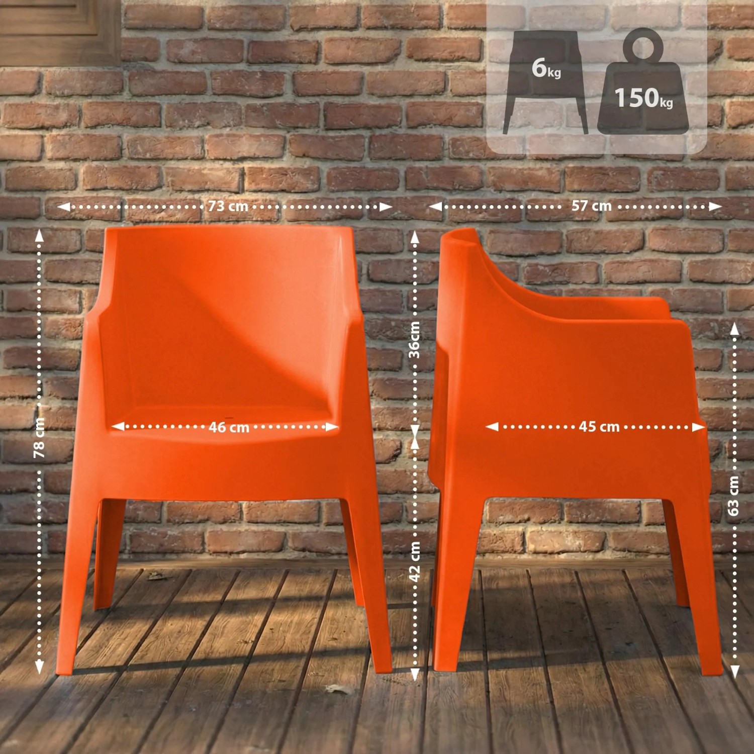 Orange DELUKE Gartenstuhl HENRI, 6er Set. Kunststoff Stapelstuhl für Garten & Outdoor, 73x57x78cm, 6kg, 150kg Belastbarkeit.