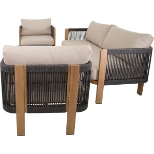 Lesli Lounge-Set Sora 4-teilig: Sessel und Sofa mit Holzoptik-Gestell, beigem Polster und dunklem Rope-Geflecht.