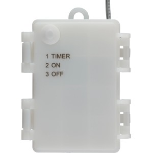 Detailaufnahme der Steuereinheit für die LED-Drahtlichterkette mit Timer-, Ein- und Ausschalter.