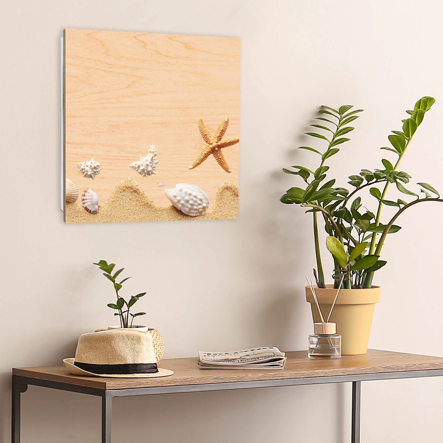 Banjado Schlüsselbox mit Strandmotiv: Schlüsselkasten aus Holz, 30x30cm, 50 Haken, Scharnier rechts.