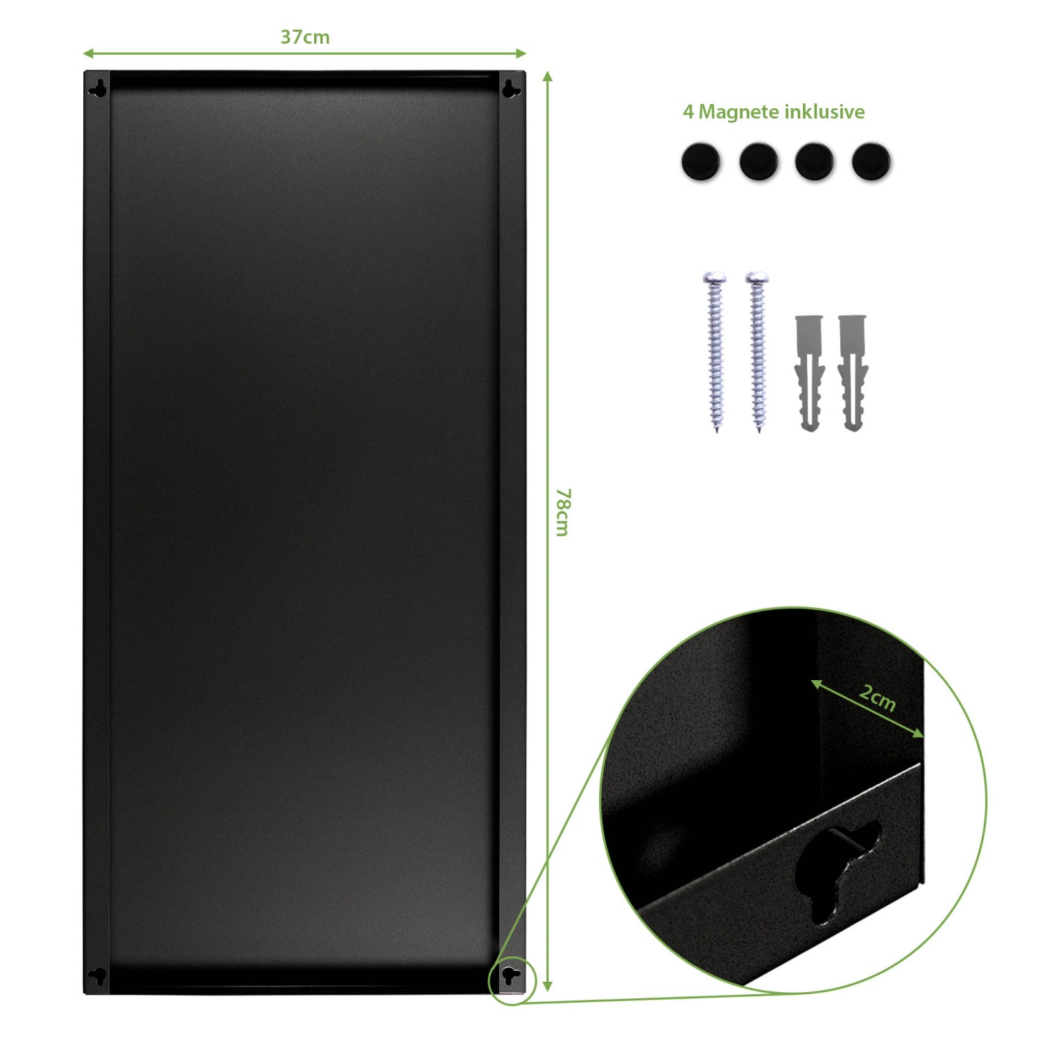 Banjado Magnettafel 37x78cm schwarz mit 4 Magneten und Montagematerial.