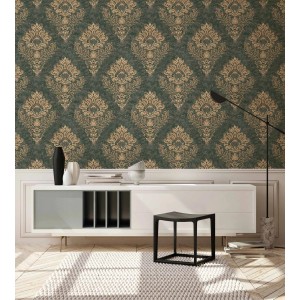 Livingwalls Tapete mit Barockmuster in Dunkelgrün und Gold im Wohnraum.