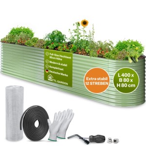 TTL GARDEN Metall-Hochbeet NATURE XXL 400×80×80 cm – Großes Ovales Hochbeet Verzinkt Salbei Für Garten