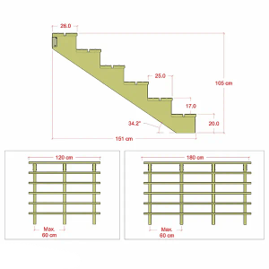 Technische Zeichnung einer 6-stufigen Terrassentreppe aus Holz mit Maßen und Ansichten für Zubehör.