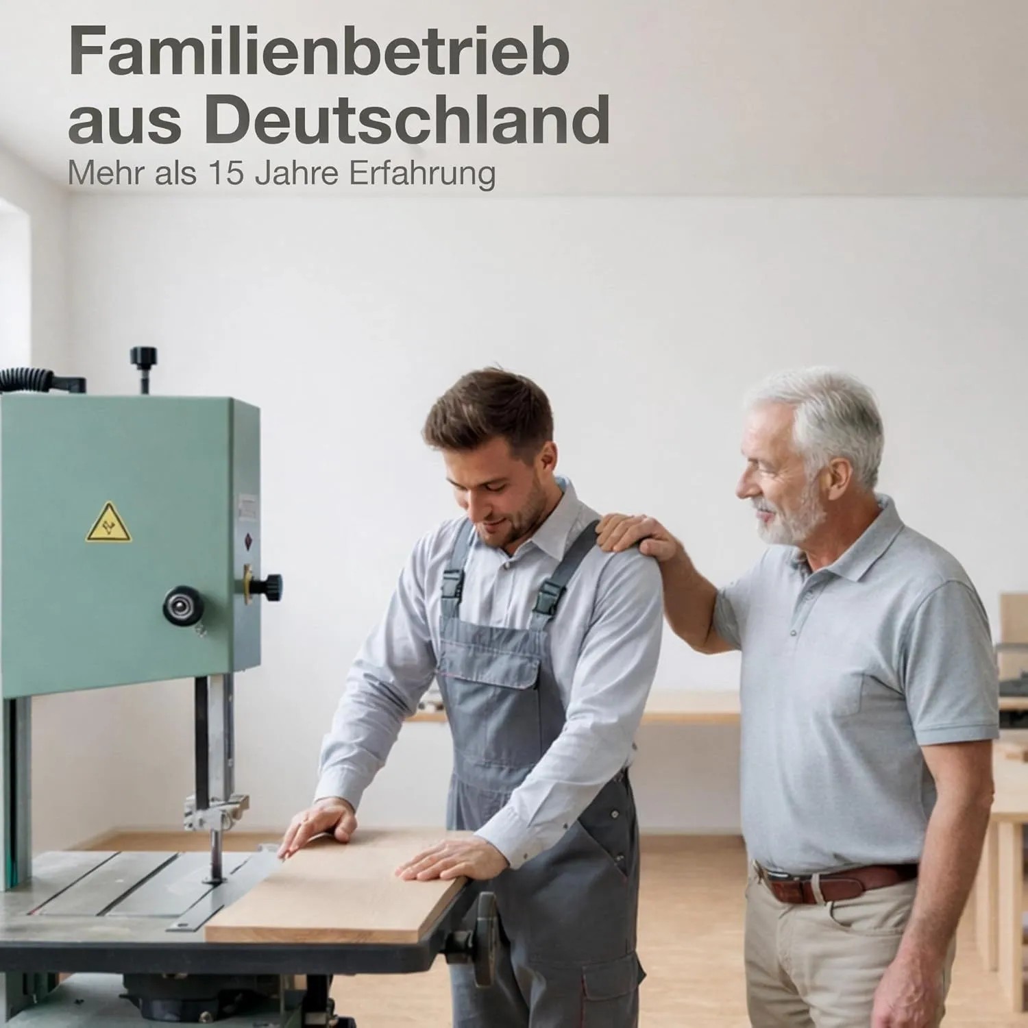 K-Möbel Möbelfüße: Zwei Handwerker in Werkstatt, einer an Säge, der andere legt Hand auf Schulter.
