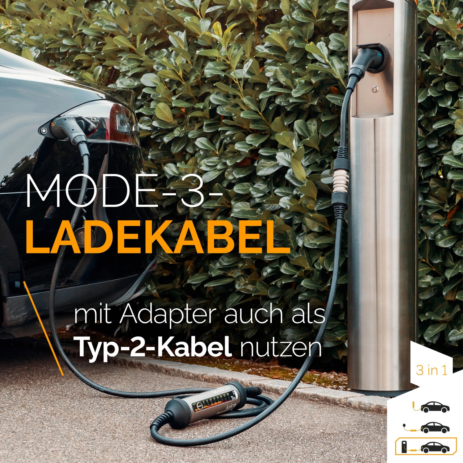 Mobile Wallbox Juice Booster 2 Basis-Set beim Laden eines E-Autos an einer Ladestation.