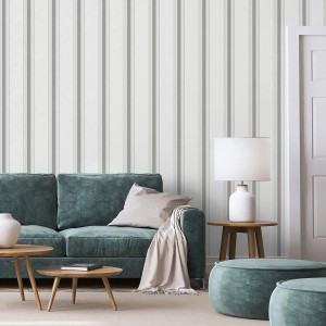 Vliestapete mit dunkelgrauen Streifen an Wohnzimmerwand, mit Sofa und Möbeln. Ideal für moderne Räume.