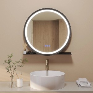 Aquabatos Rund 60 cm Badspiegel mit Beleuchtung LED Spiegel mit Ablage Schwarzer Aluminiumrahmen 3 Lichtfarben Dimmbar Antibeschlag Lichtspiegel