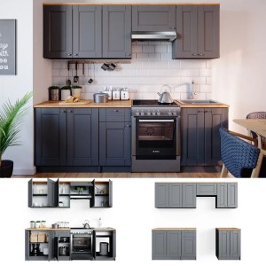 Küchenzeile Bergamo in Grau und Eiche Goldkraft, 240 cm breit, mit LED-Leisten.