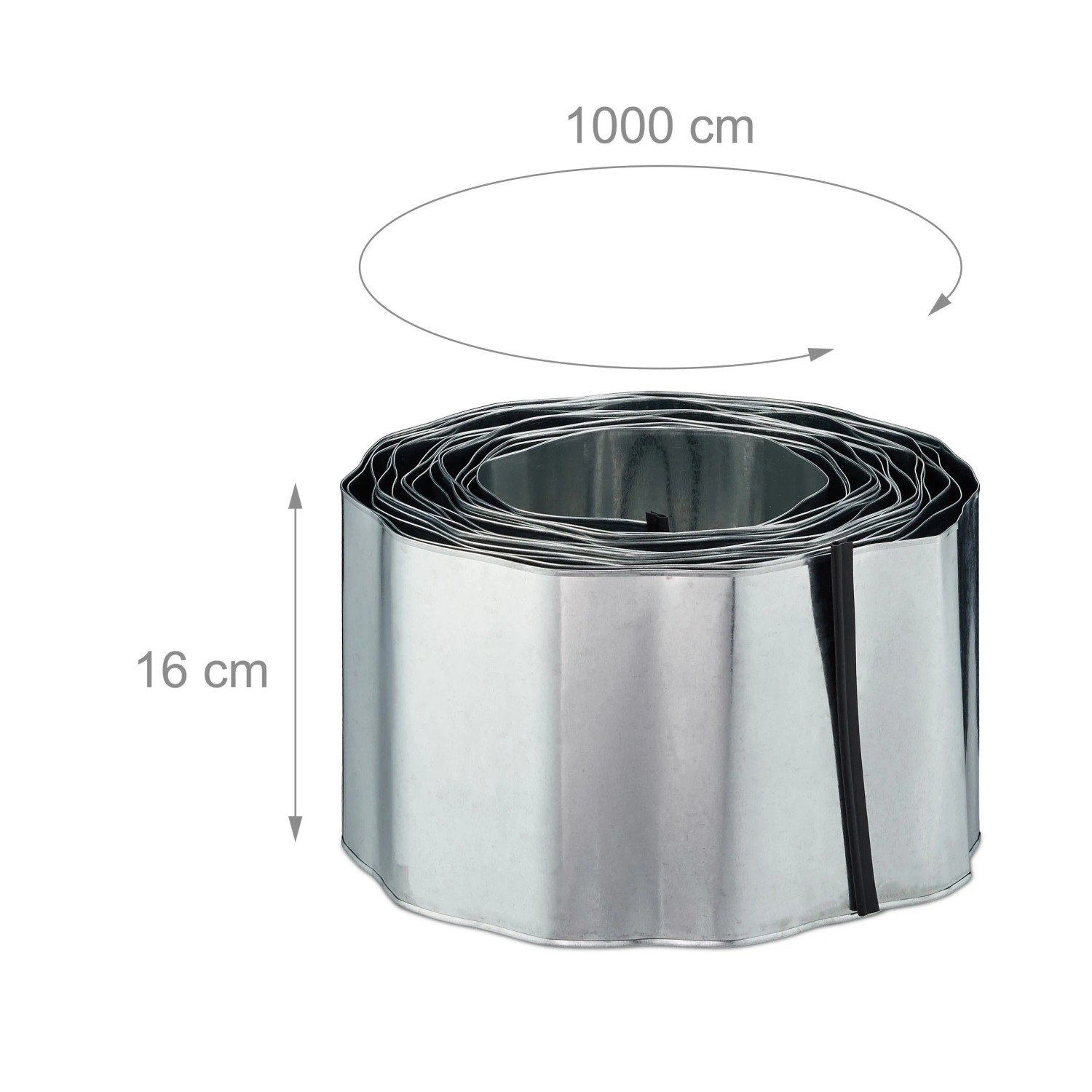 Silberne, flexible Rasenkante aus verzinktem Eisen, 16 cm hoch, 1000 cm lang, gerollt für Garten und Beete.